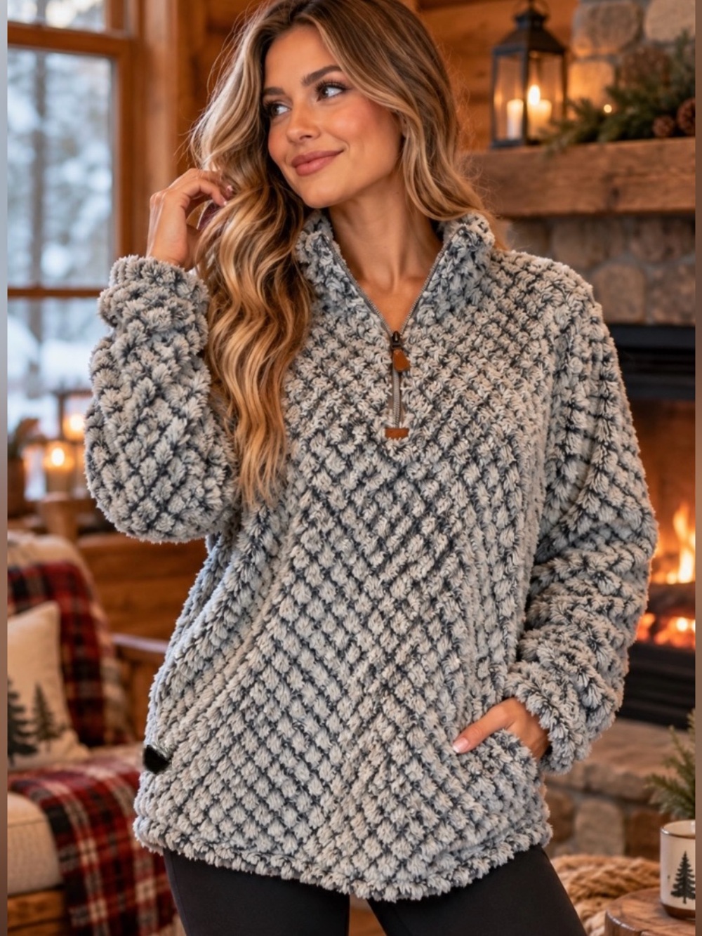 Simply Southern Women’s Size M White Gray Diamond Sherpa 1/4 Zip Pullover Cozy